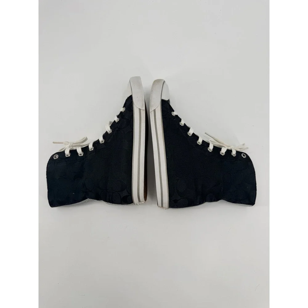 Coach Womens Black Signature Jacquard High Top Sneakers Silver Trim Size 9